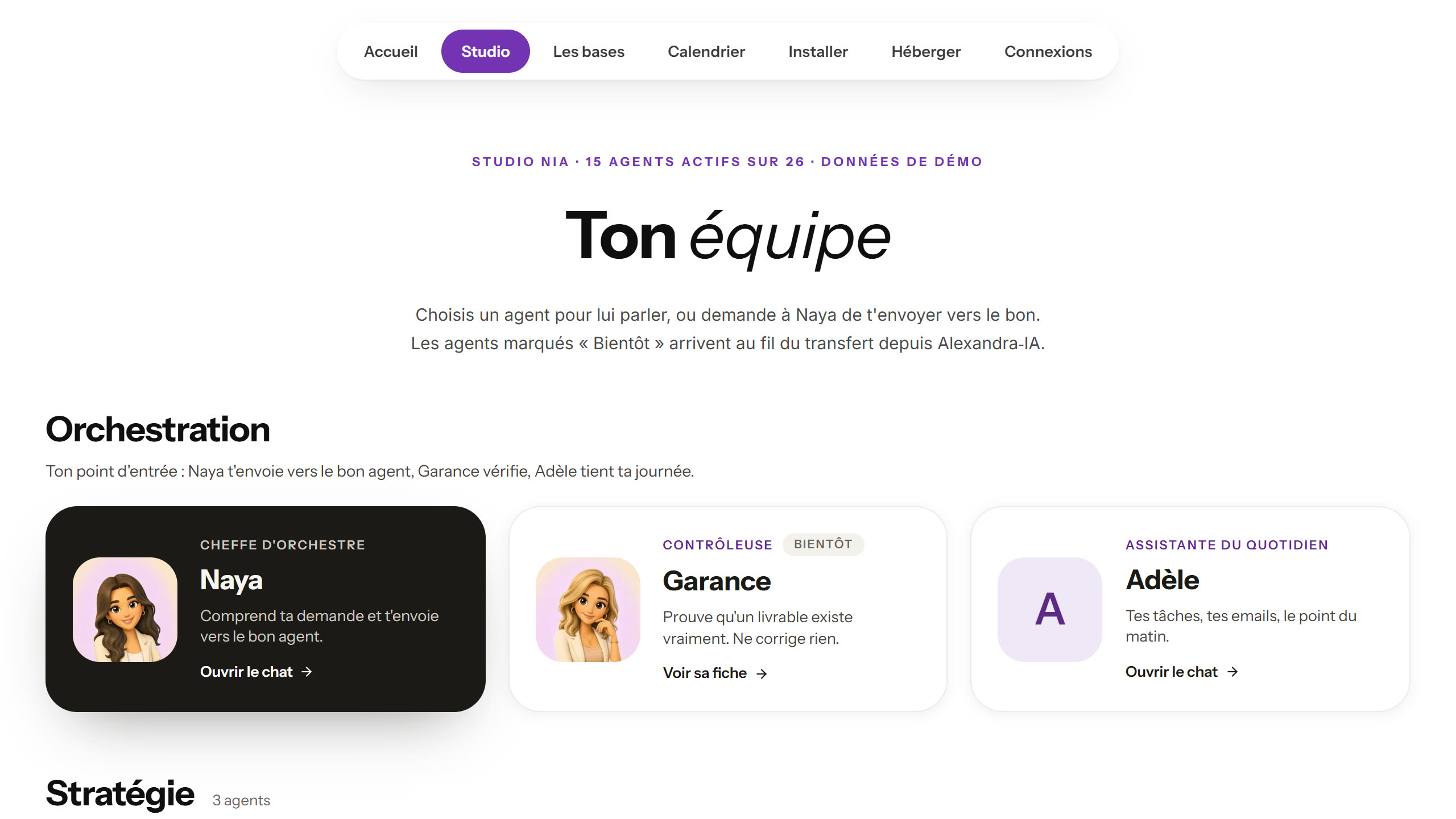 L'écran « Ton équipe » de Studio NIA, avec Naya, Garance et Adèle
